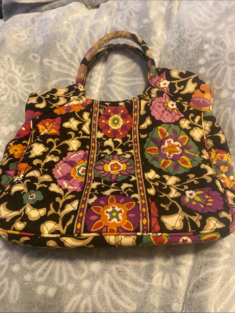 Vera Bradley Quilted Floral Tote in Brown with Purple, Green & Orange Accents